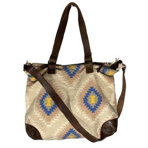 Free People large Cabana Tote Weekend Bag Purse Canvas Leather Navajo Tribal